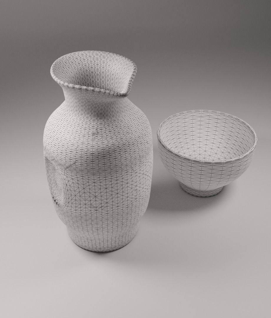 Sake Set japanese jug and bowl 3D model_1