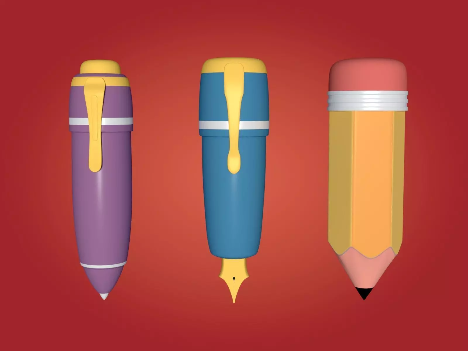 Cartoon Pencil and Pens Low-poly 3D model