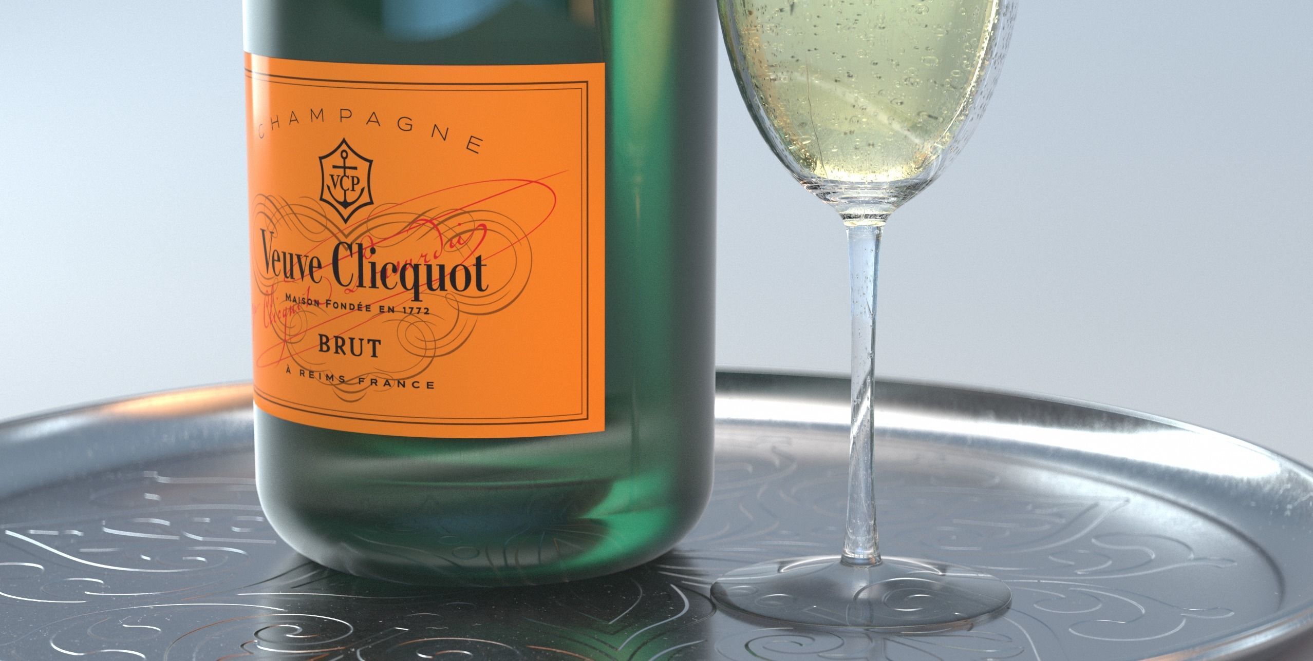  Photorealistic Champagner Bottle with Glass and Tablet 3D model_4