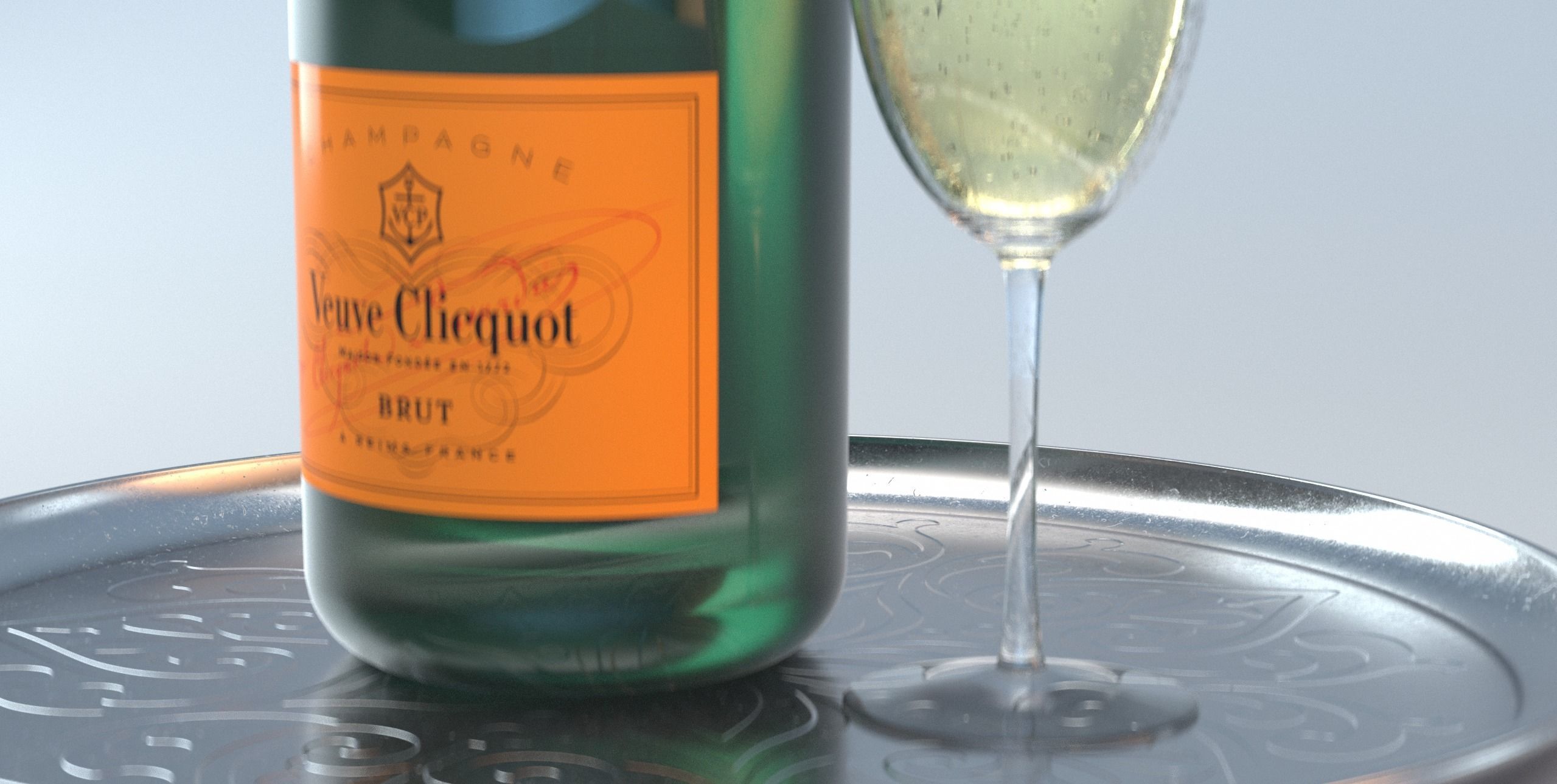  Photorealistic Champagner Bottle with Glass and Tablet 3D model_5