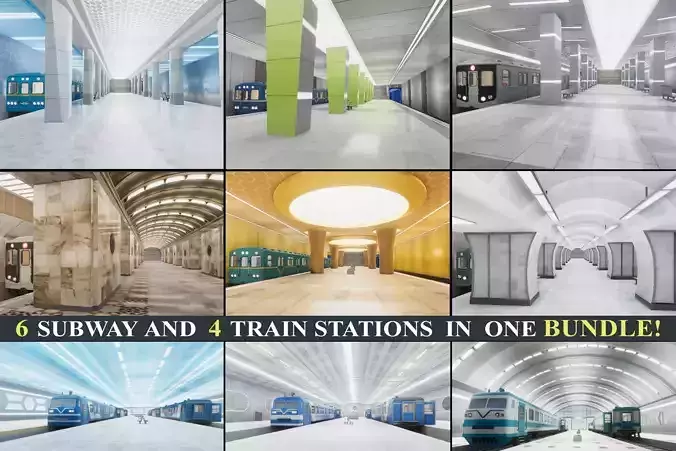 Subway and Train Stations Bundle - 10 Scenes Low-poly 3D model