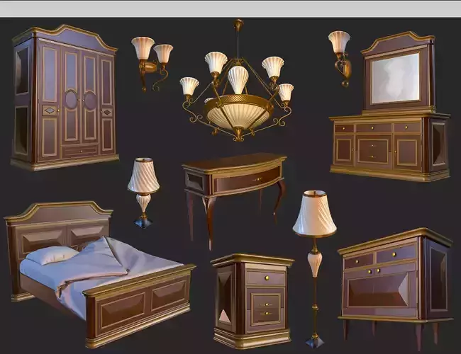Vintage Furniture Bedroom Pack PBR Game Ready Low-poly 3D model