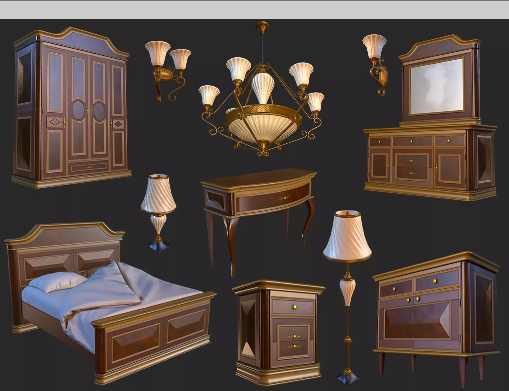 Vintage Furniture Bedroom Pack PBR Game Ready Low-poly 3D model_0