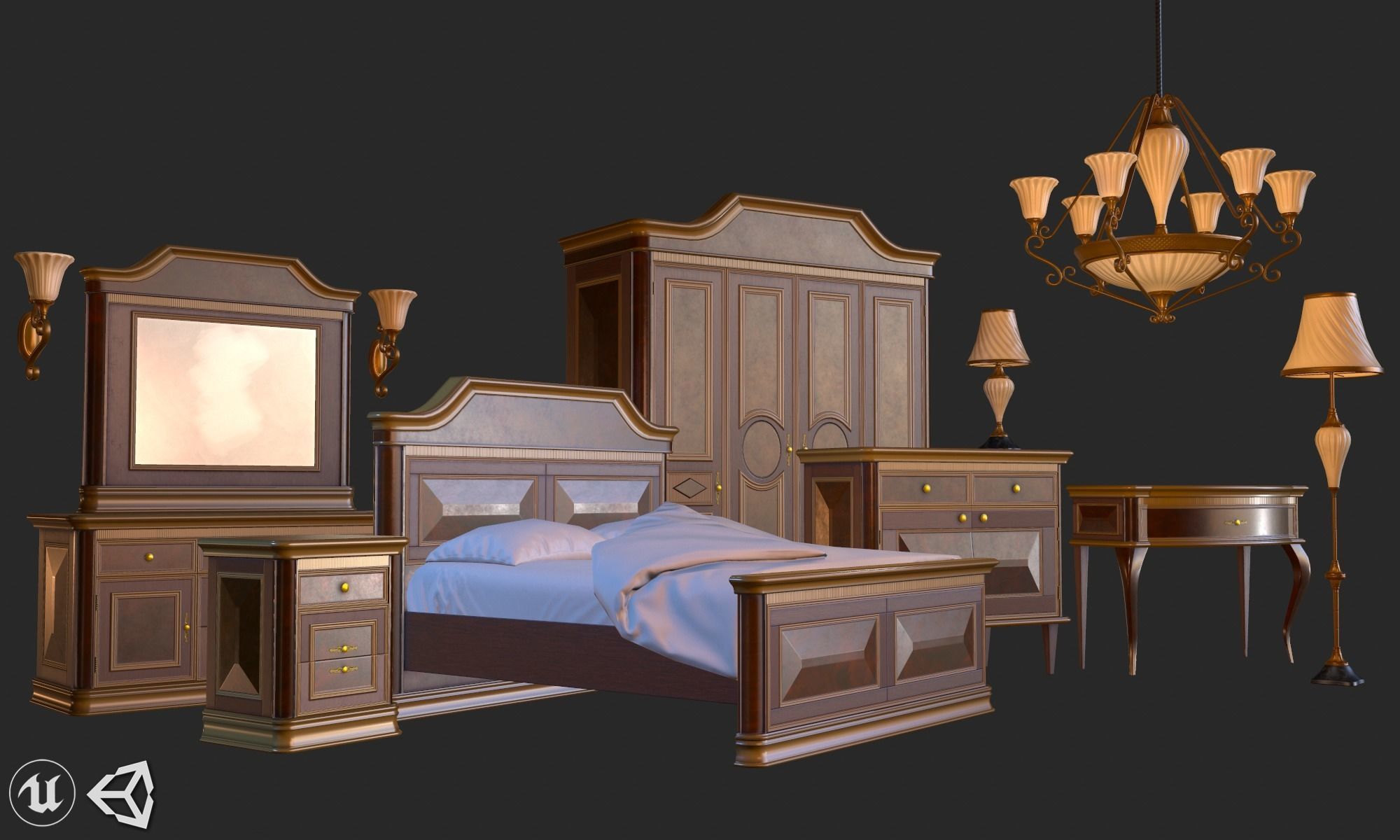Vintage Furniture Bedroom Pack PBR Game Ready Low-poly 3D model_2