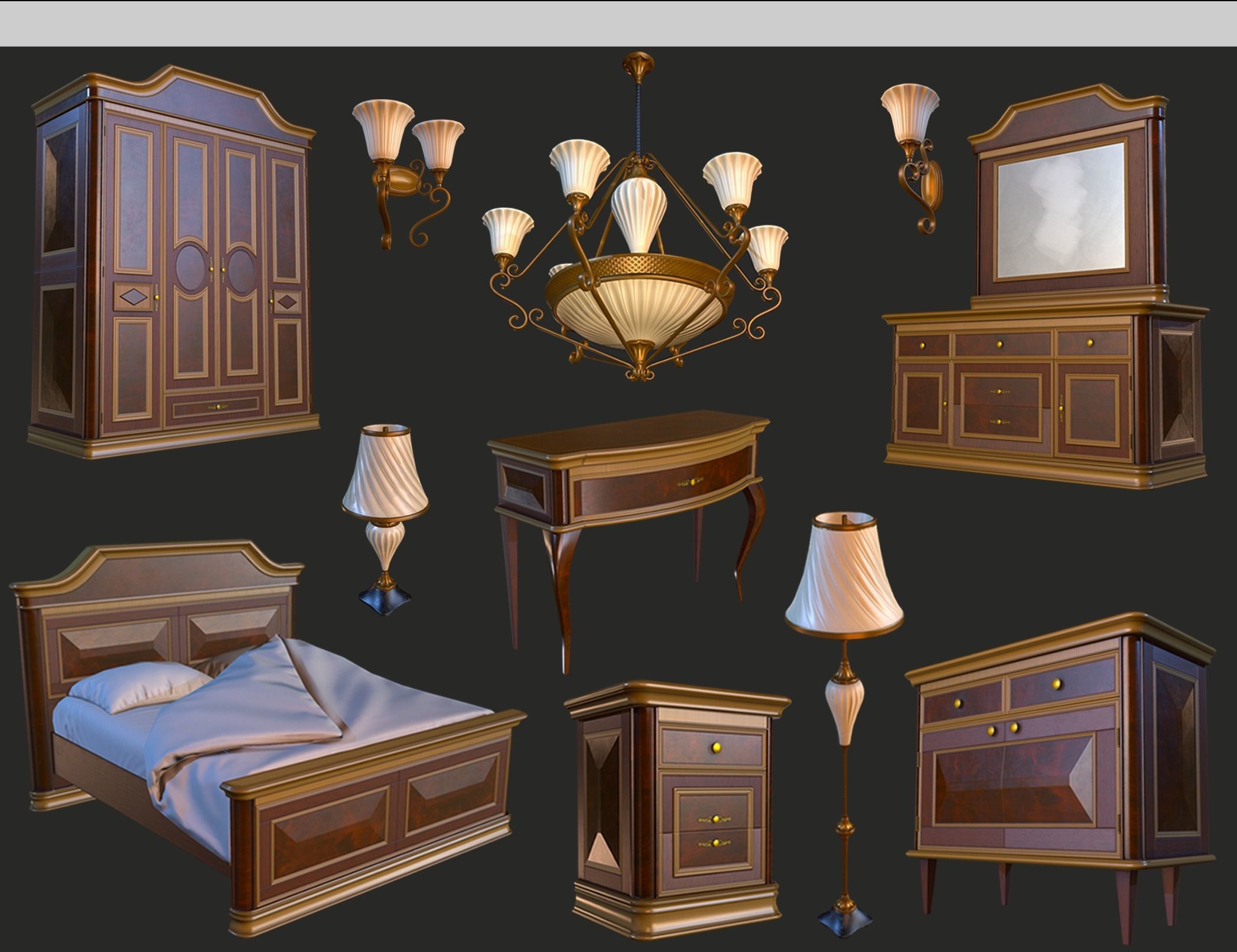 Vintage Furniture Bedroom Pack PBR Game Ready Low-poly 3D model_1