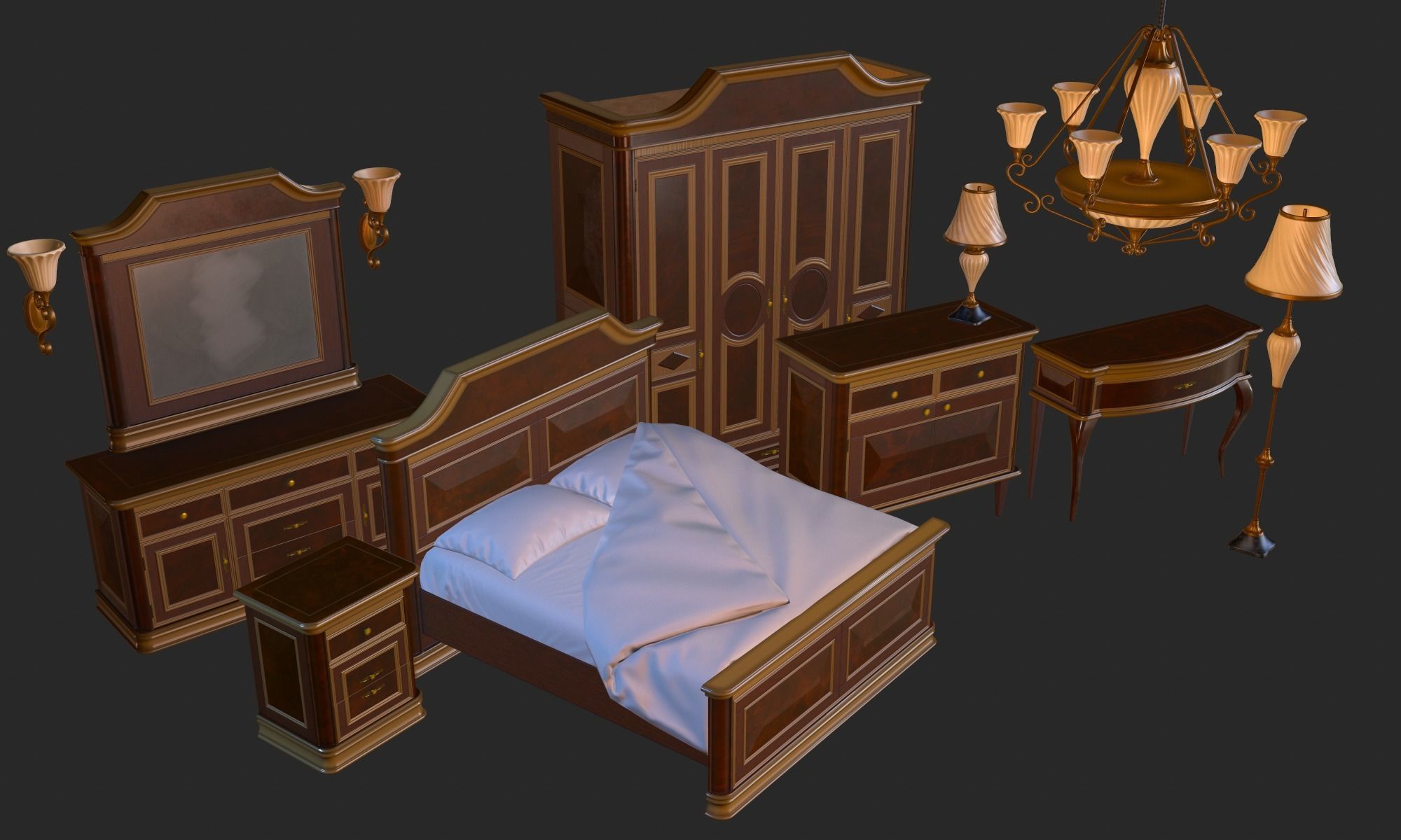Vintage Furniture Bedroom Pack PBR Game Ready Low-poly 3D model_3