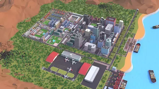 Cartoon City Scene Low-poly 3D model