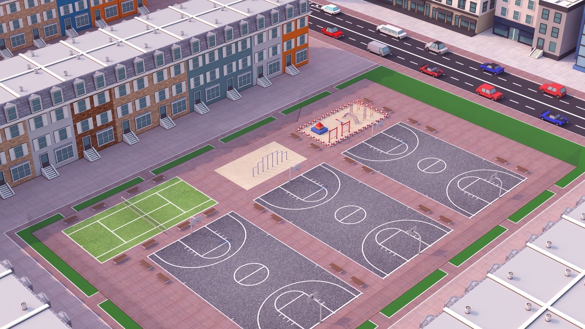 Cartoon City Scene Low-poly 3D model_20