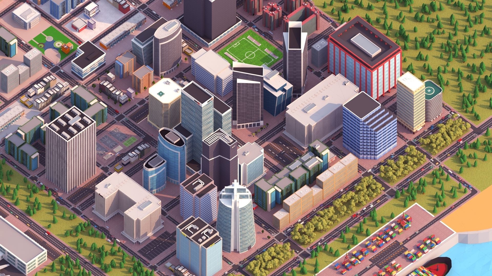 Cartoon City Scene Low-poly 3D model_1