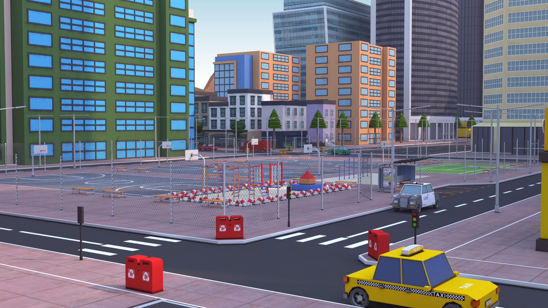 Cartoon City Scene Low-poly 3D model_6
