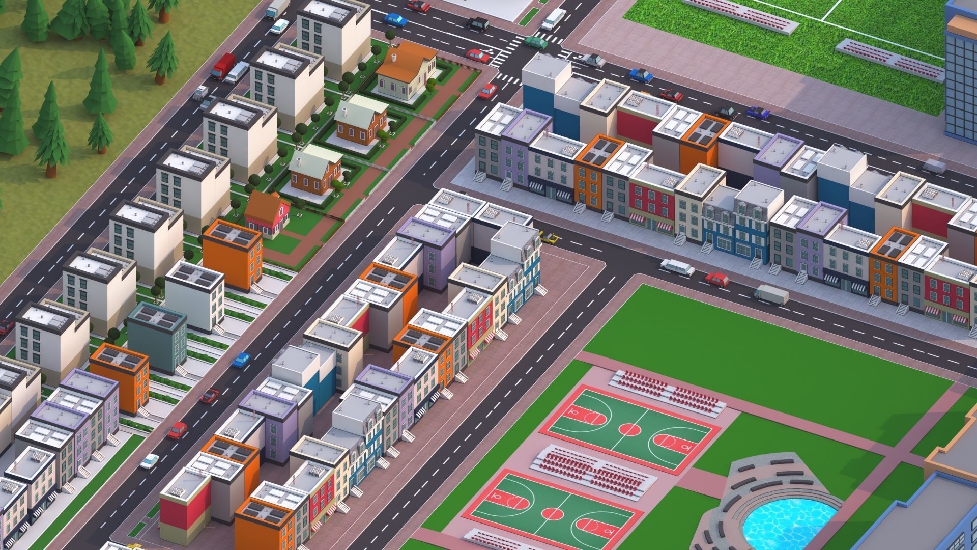 Cartoon City Scene Low-poly 3D model_29