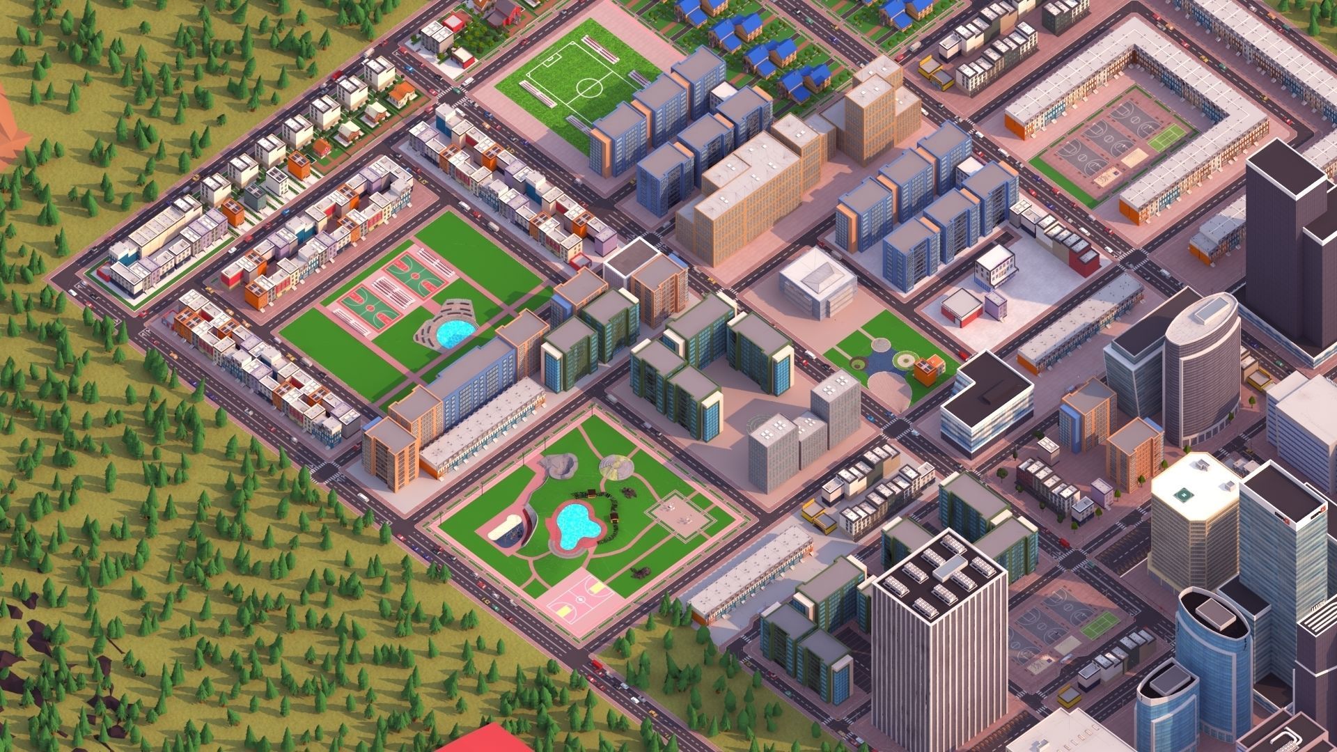 Cartoon City Scene Low-poly 3D model_3