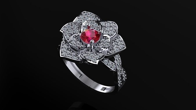 rings ruby flower ring with diamonds 3D print model