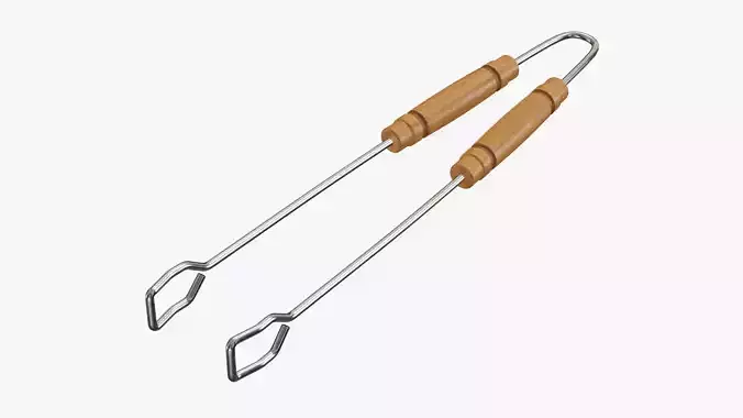 Barbecue grill tongs with wooden handle 3D model