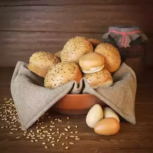 3d model buns and eggs in bowl on wooden table