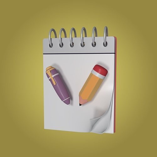 Cartoon Pencil Pen and Notepad Low-poly 3D model