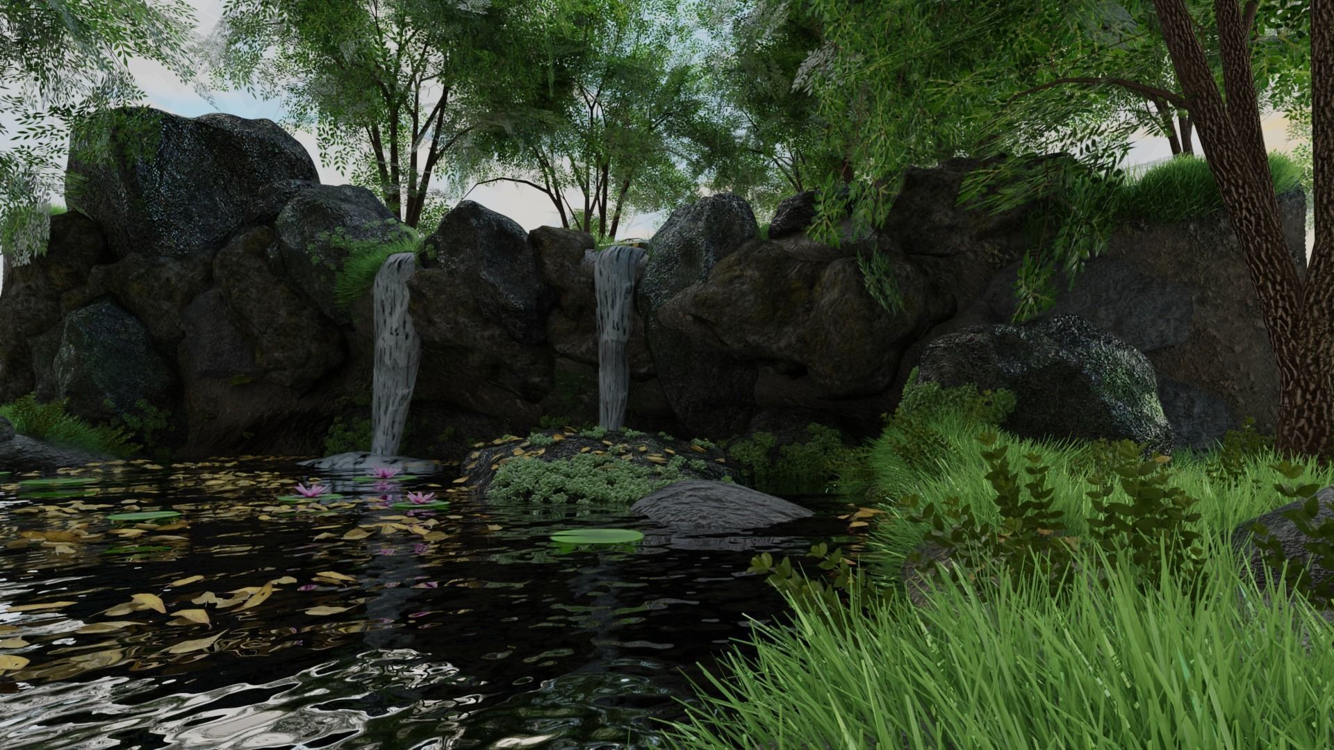 Waterfall Scene 3D model_2