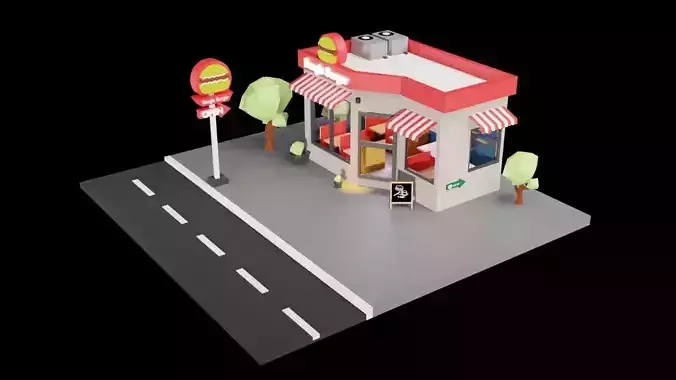 Low Poly Coffee shop highly Detailed blender model 