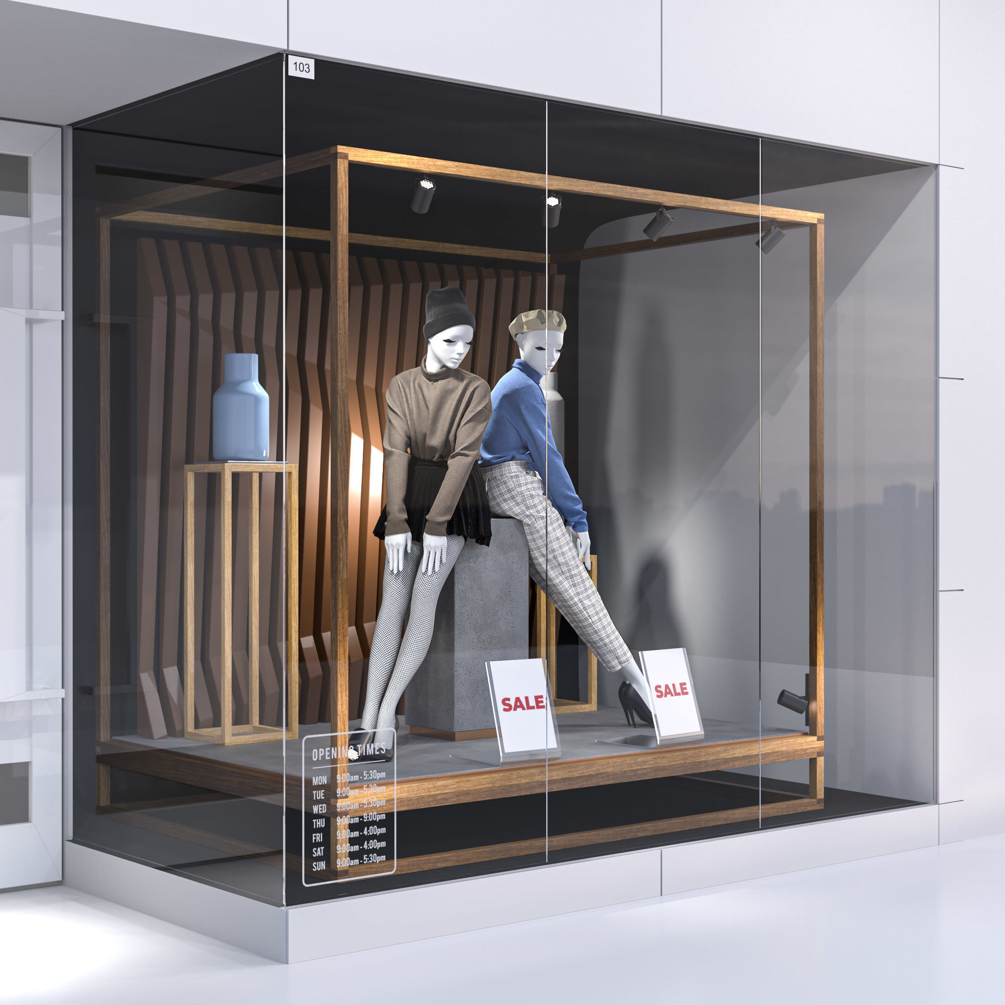 Shop front with female mannequin 001 3D model_1