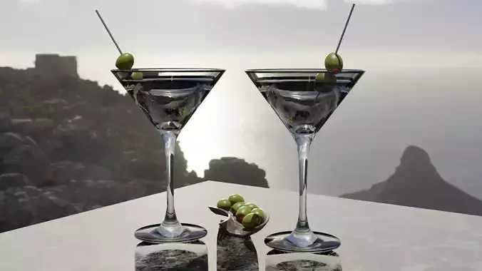 Martini Set two glasses with olives on table