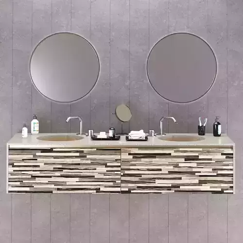 Double Washbain Design - Grey Marble and wood 3D model