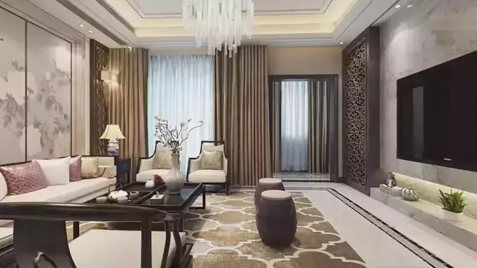 living room with dining room 3D model