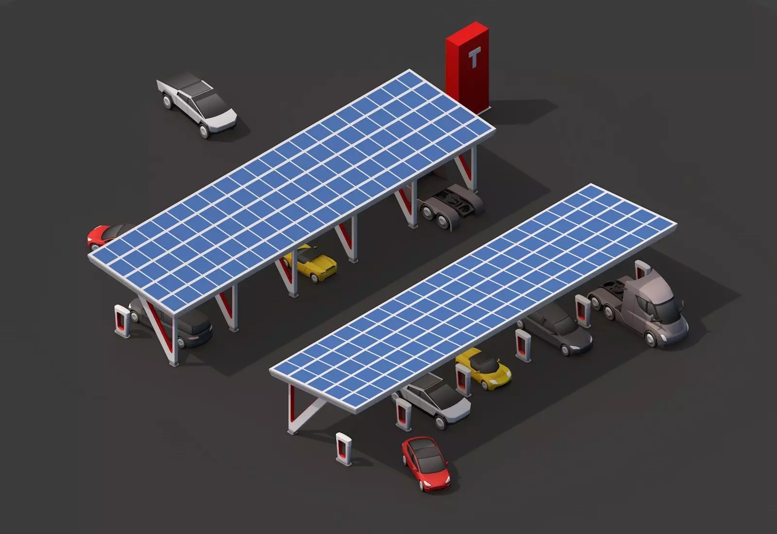 Cartoon Low Poly Tesla Charger Station Cars Pack Low-poly 3D model_0
