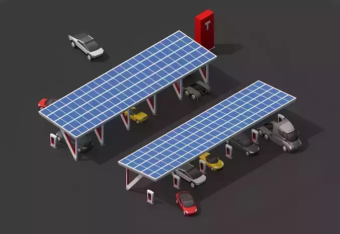 Cartoon Low Poly Tesla Charger Station Cars Pack Low-poly 3D model