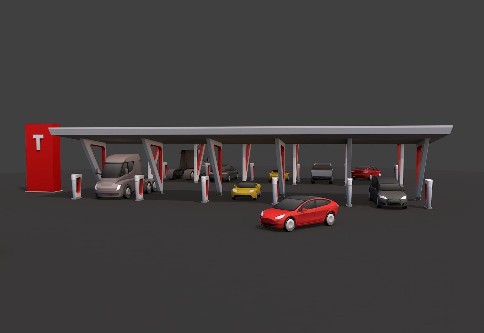 Cartoon Low Poly Tesla Charger Station Cars Pack Low-poly 3D model_6