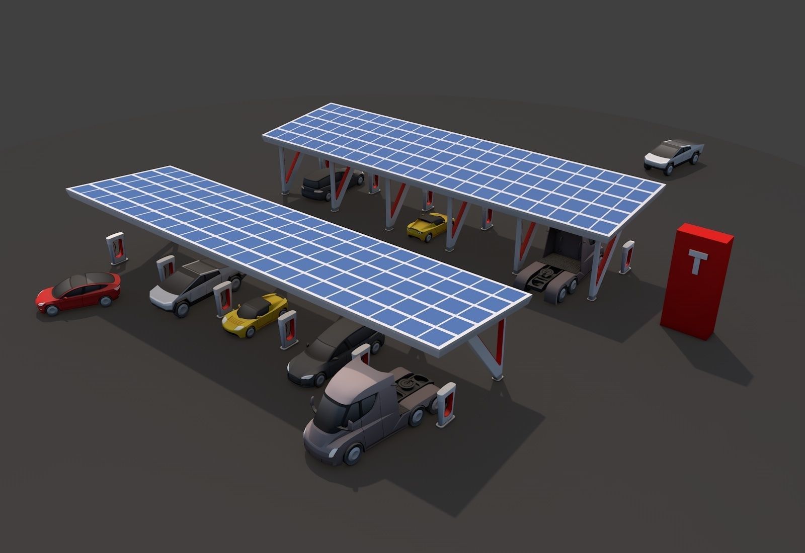 Cartoon Low Poly Tesla Charger Station Cars Pack Low-poly 3D model_1