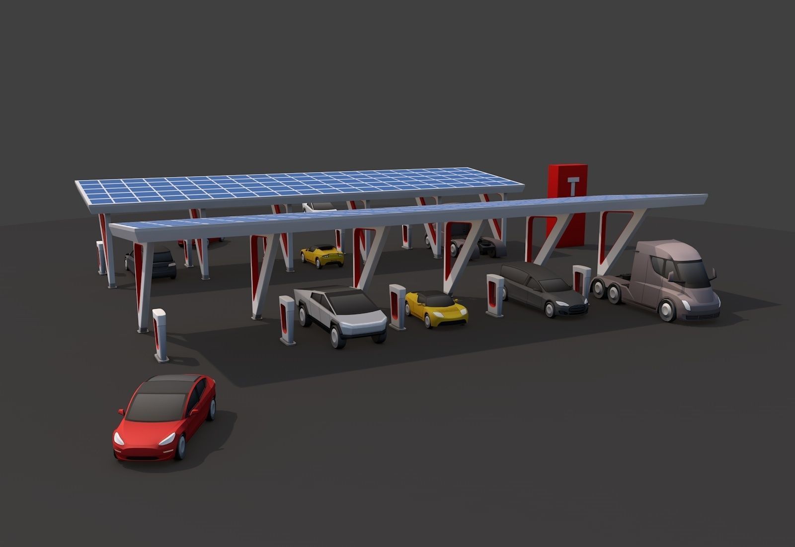 Cartoon Low Poly Tesla Charger Station Cars Pack Low-poly 3D model_2
