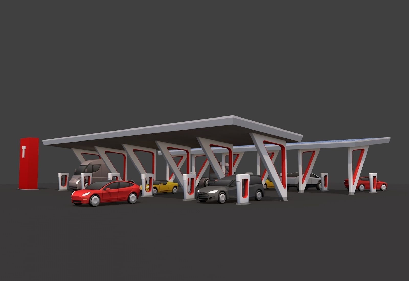 Cartoon Low Poly Tesla Charger Station Cars Pack Low-poly 3D model_3