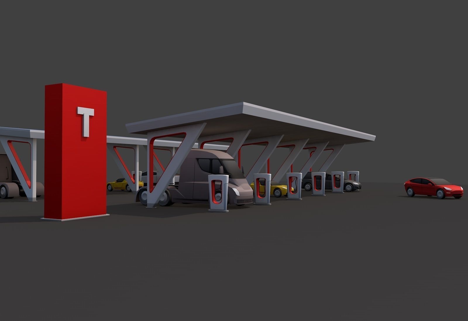 Cartoon Low Poly Tesla Charger Station Cars Pack Low-poly 3D model_5
