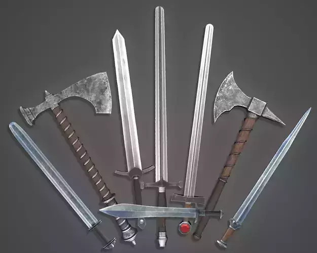 HQ Medieval weapons for games - Swords and axe Free low-poly 3D model HQ Medieval weapons for games - Swords and axe Free low-poly 3D model