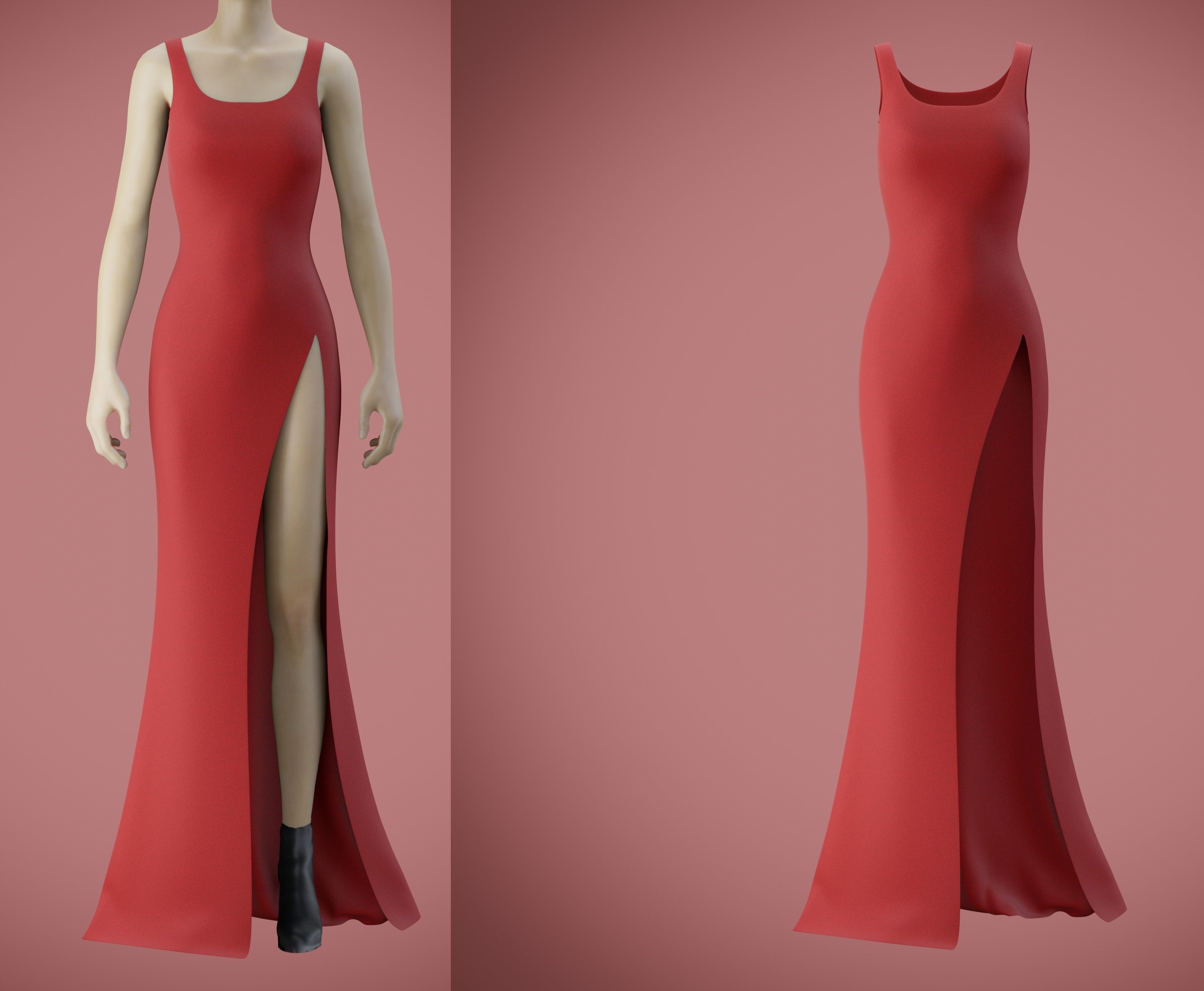 red gown with high slit Low-poly 3D model_1