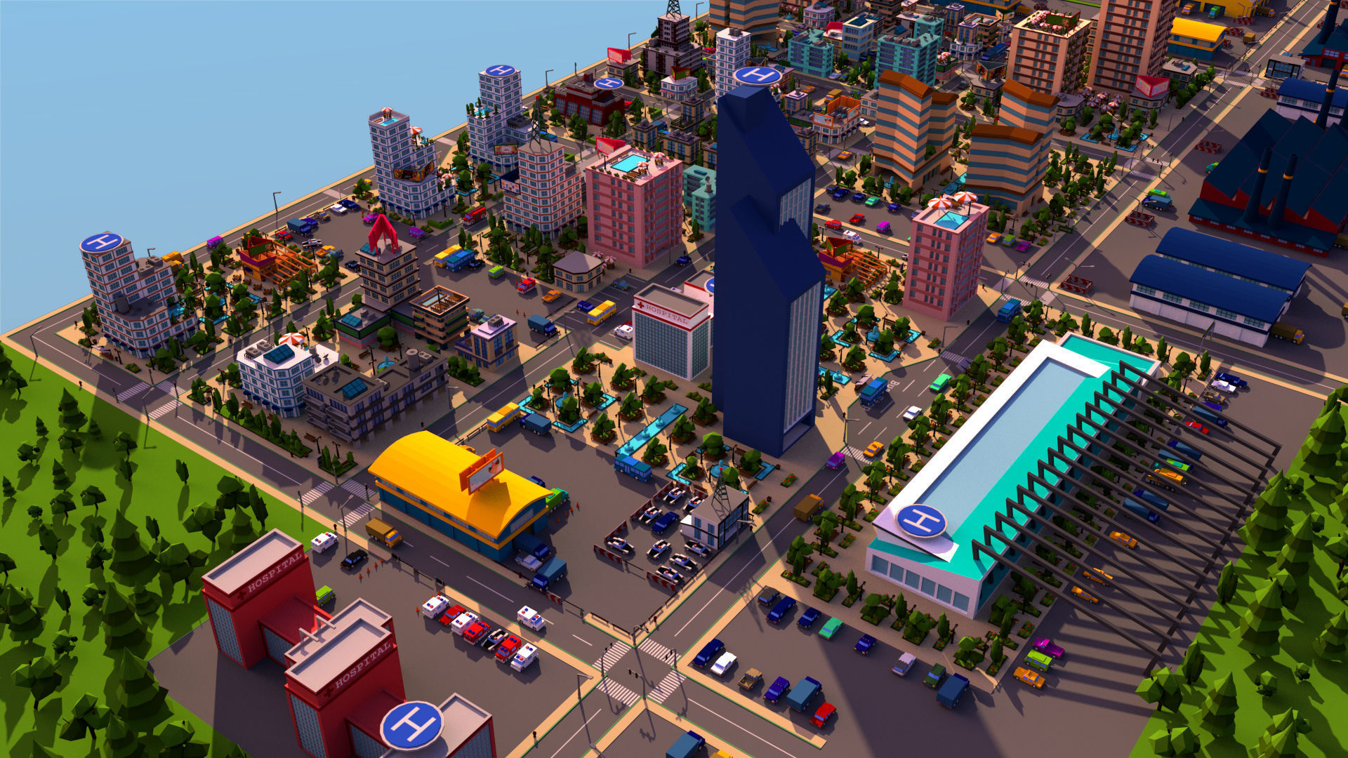 Simple city Low-poly 3D model_8