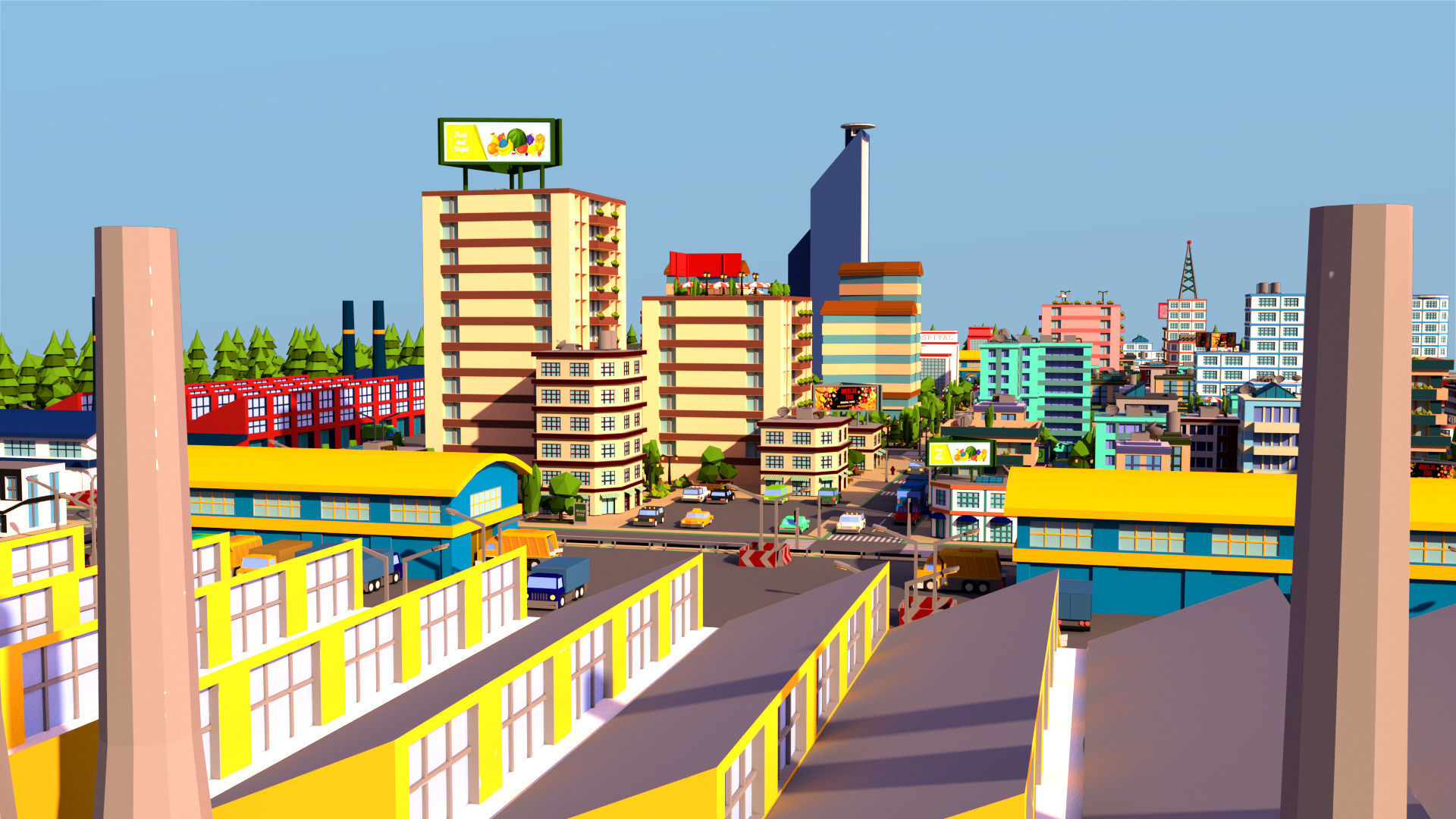 Simple city Low-poly 3D model_2