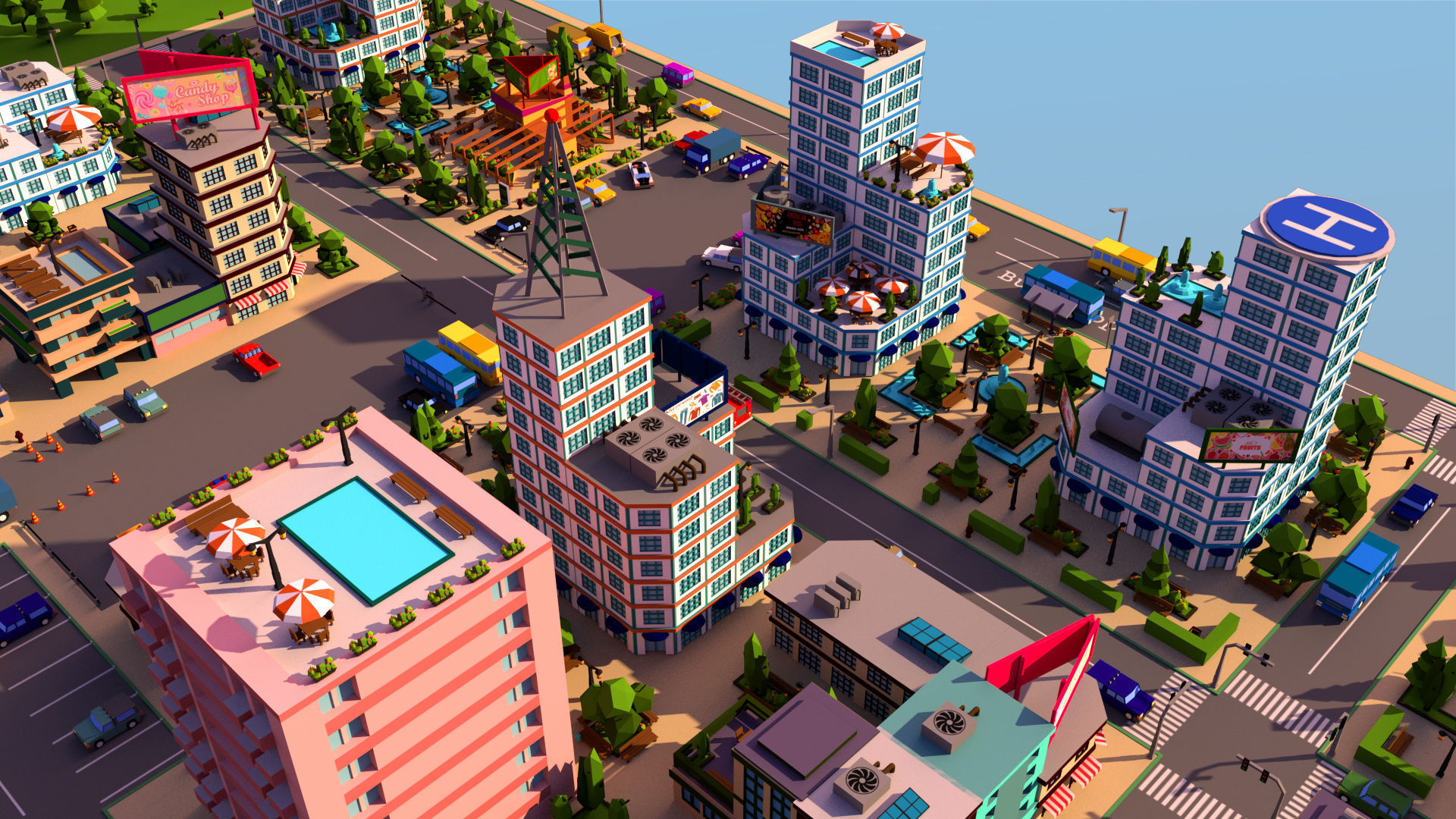 Simple city Low-poly 3D model_9