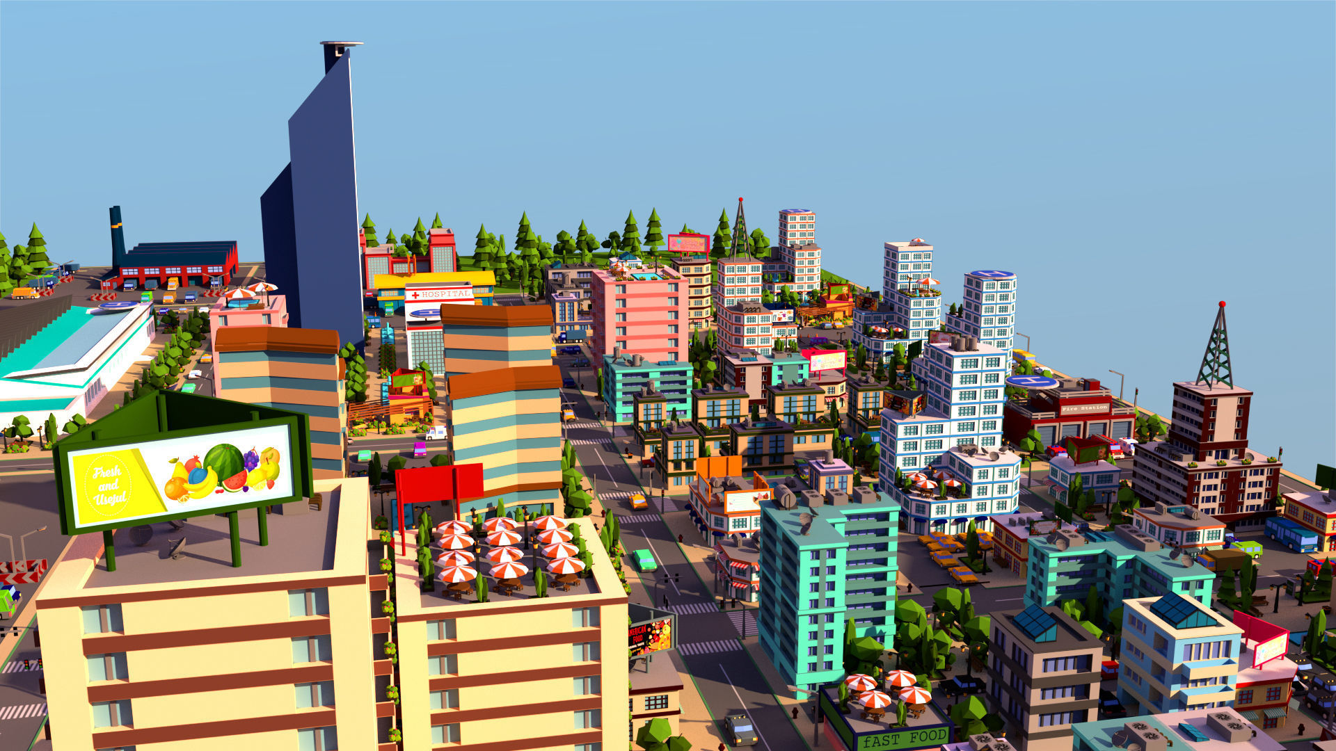 Simple city Low-poly 3D model_4