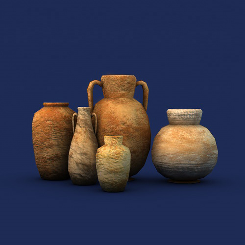 Low Poly Pottery group of ancient clay pots Low-poly 3D model_5