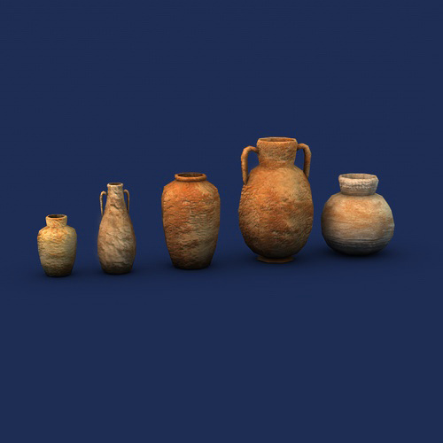 Low Poly Pottery group of ancient clay pots Low-poly 3D model_2