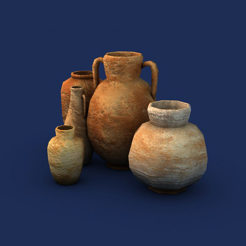 Low Poly Pottery group of ancient clay pots Low-poly 3D model_1