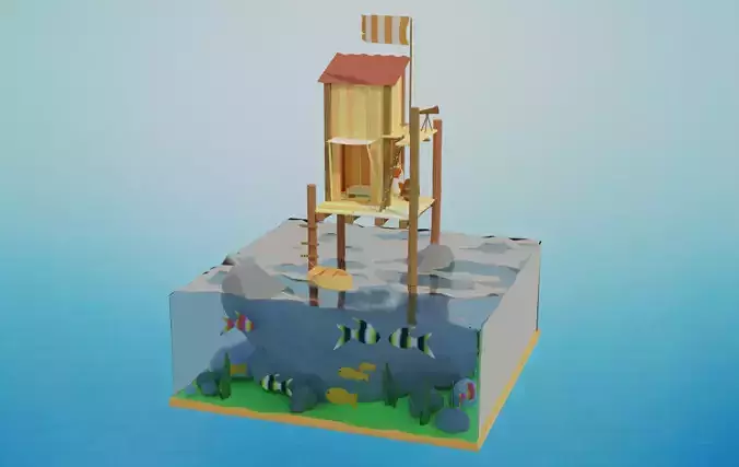 Low Poly Hut on the Ocean 3D Model Low-poly 3D model