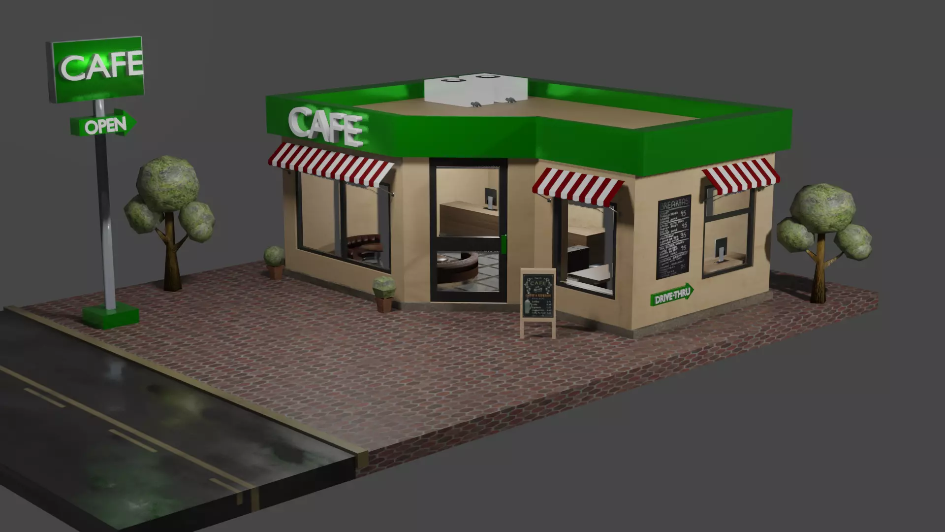 Modern Cafe Low-poly 3D model_0
