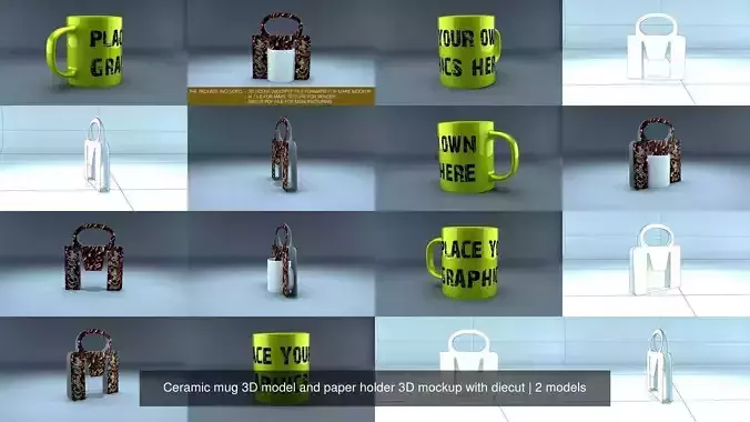 Ceramic mug 3D model and paper holder 3D mockup with diecut