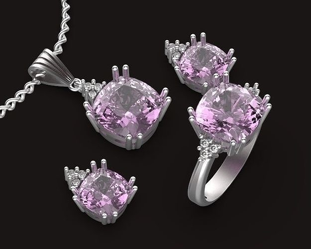ring earring pendant diamond cushion set 3D print model