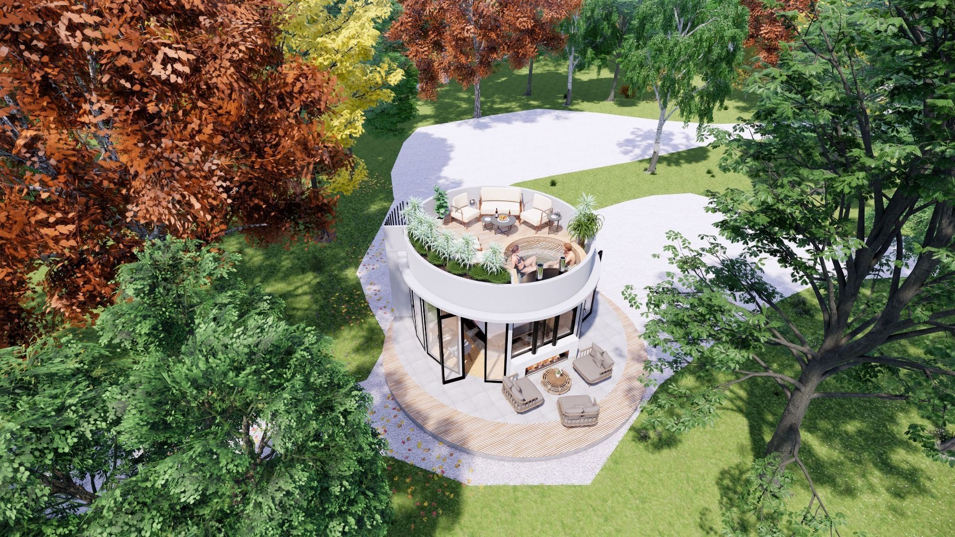 glamping pod with fireplace and hot tube on roof top Low-poly 3D model_7