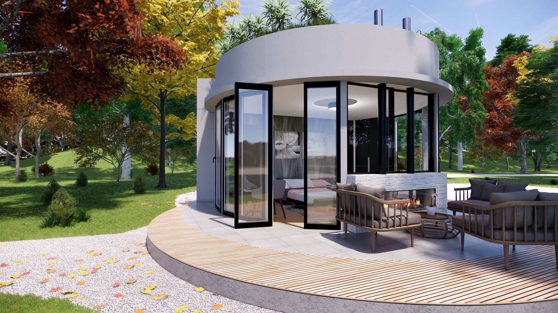 glamping pod with fireplace and hot tube on roof top Low-poly 3D model_2