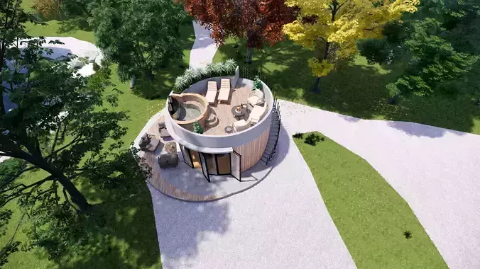 glamping pod with fireplace and hot tube on roof top Low-poly 3D model