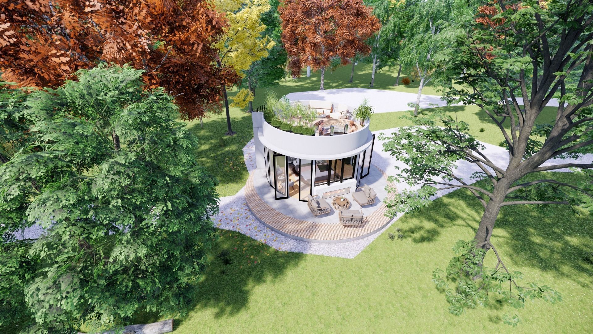 glamping pod with fireplace and hot tube on roof top Low-poly 3D model_9